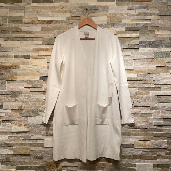 Chico’s M 8-10 White Cardigan Sweater | Ribbed Knit, Pockets, Button Cuffs NWT - Picture 1 of 9